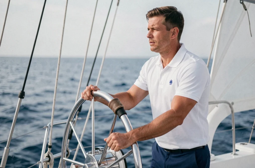 Membre d'équipage en uniforme tenant la barre d'un voilier de croisière de luxe
