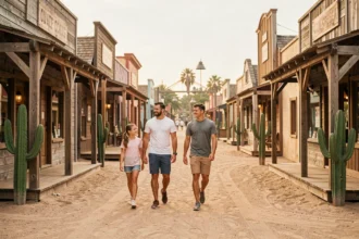 Famille se promenant dans le décor western d'Oasys Mini Hollywood en Espagne, avec des façades de saloon en bois et des cactus