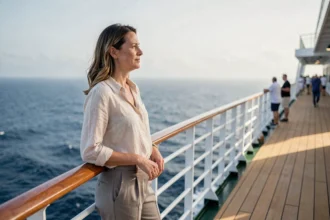 Femme voyageant seule en croisière, appuyée sur le bastingage d'un paquebot face à l'horizon marin