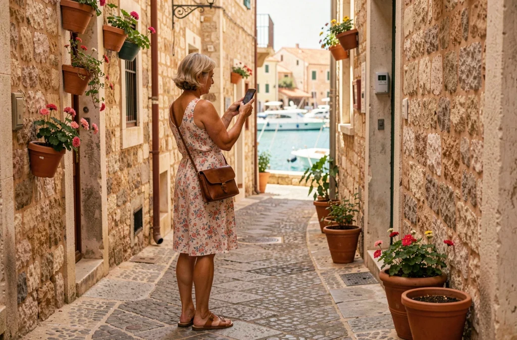 Femme en croisière solo explorant seule une ruelle pittoresque d'un port méditerranéen lors d'une escale