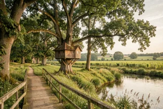 Paysage insolite des Pays de la Loire avec cabane dans les arbres, rivière et vignoble en arrière-plan