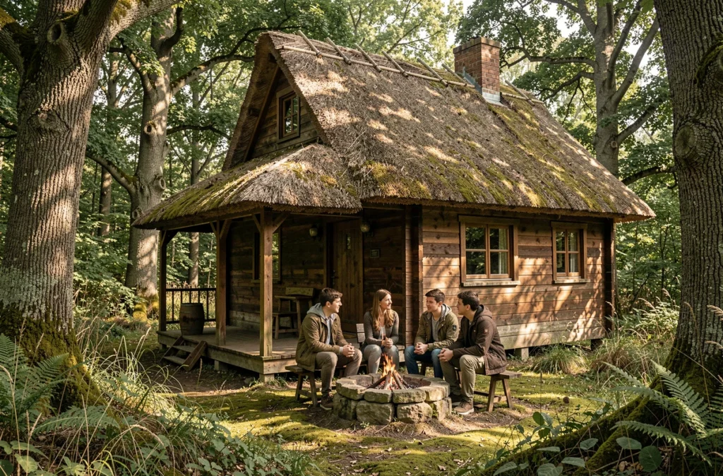Cabane en bois rustique dans la forêt aux portes du Puy du Fou avec famille autour d'un feu