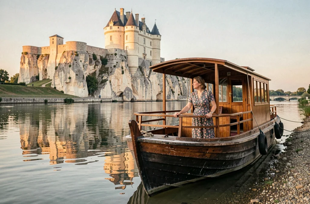 Toue cabanée romantique amarrée sur la Loire face au Château de Saumur au coucher du soleil