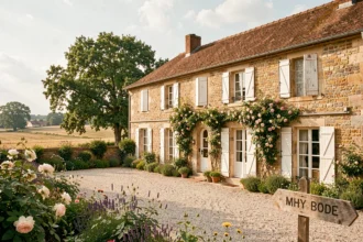 Vue d'ensemble d'une belle chambre d'hôtes en pierre dans le Loiret, entourée de jardins verdoyants typiques de la vallée de la Loire