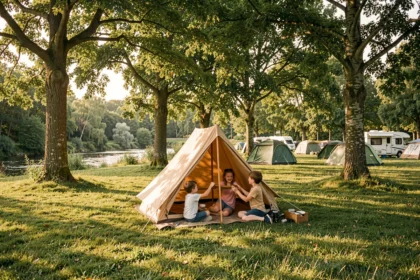 Famille installant une tente dans un camping verdoyant de Meurthe-et-Moselle, avec rivière et forêt en arrière-plan