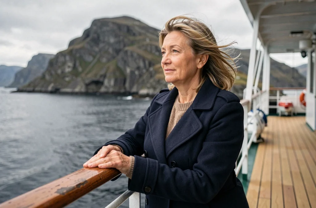 Femme admirant les côtes norvégiennes depuis le pont d'un navire Hurtigruten