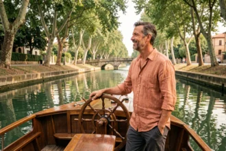 Homme à la barre d'une péniche sur le Canal du Midi à Toulouse entouré de platanes