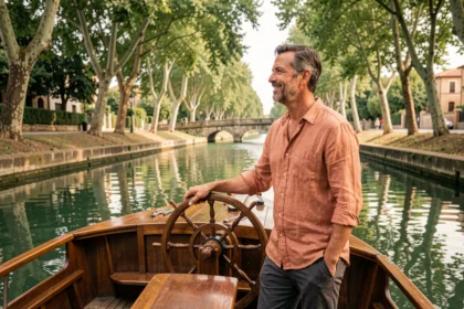 Homme à la barre d'une péniche sur le Canal du Midi à Toulouse entouré de platanes