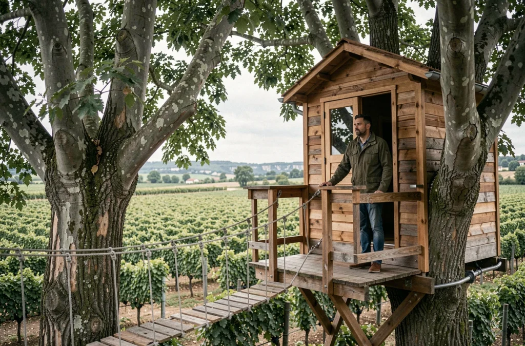 Cabane dans les arbres avec passerelle en corde dominant les vignes du Saumurois
