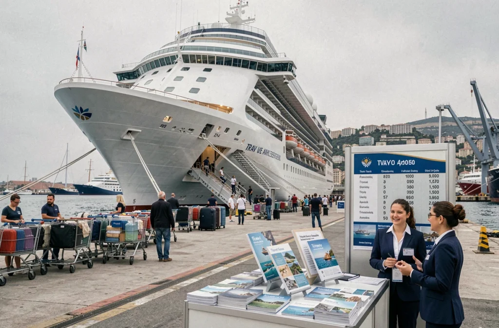 Vue d'un paquebot de croisière à quai avec un stand d'agence de voyage affichant les prix des cabines