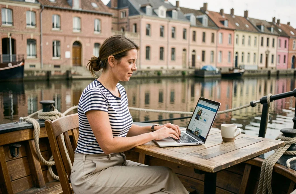 Femme qui réserve une péniche en ligne sur le deck d'une barge amarrée à Toulouse