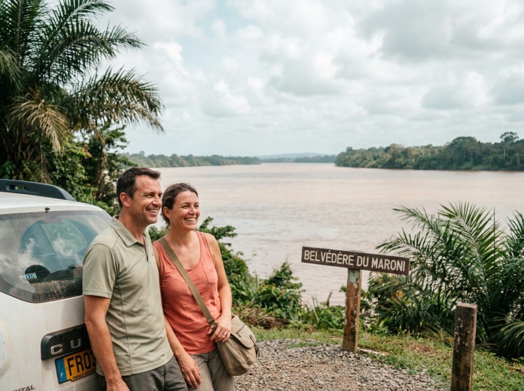 Couple de voyageurs admirant le fleuve Maroni depuis un belvédère routier en Guyane française lors d'un road trip