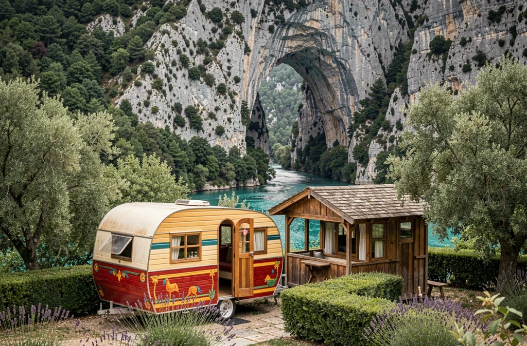 Roulottes et Cabanes du Verdon, roulotte tsigane colorée et cabane en bois au bord des gorges du Verdon avec la rivière turquoise en contrebas