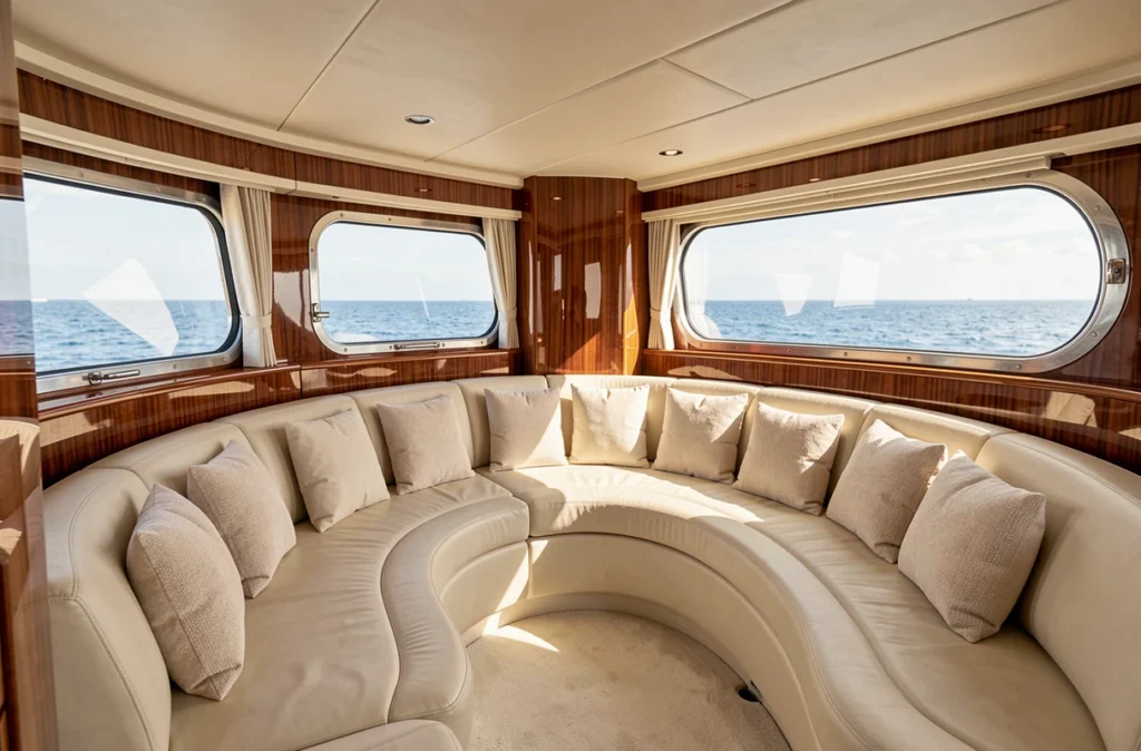 Salon intérieur luxueux d'un voilier de croisière avec vue panoramique sur la mer