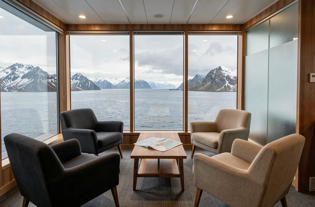 Salon panoramique d'un navire Hurtigruten avec vue sur les montagnes arctiques norvégiennes