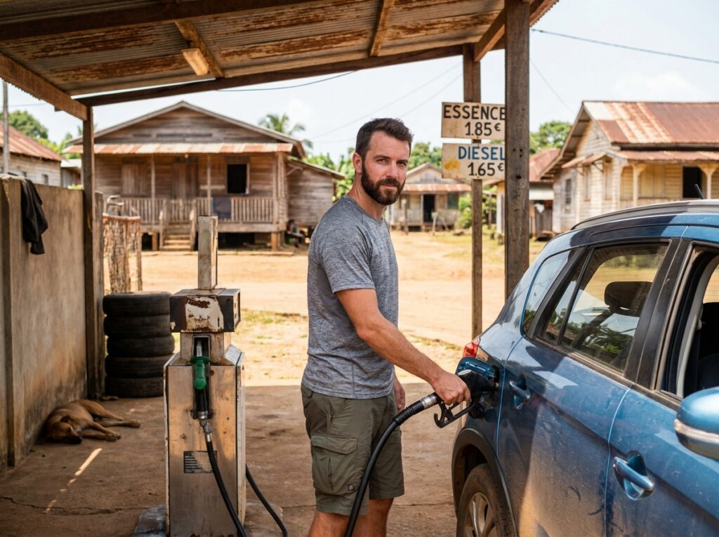 Voyageur faisant le plein d'essence dans une petite station-service rurale près de Saint-Laurent-du-Maroni en Guyane