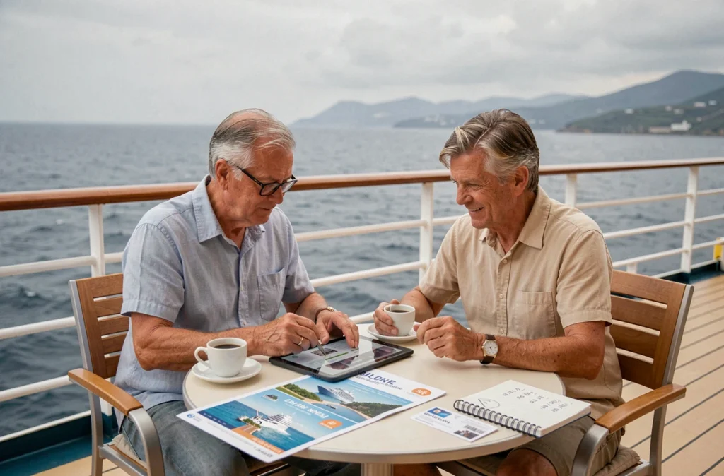 Un couple compare les tarifs d'une croisière sur le pont extérieur d'un navire