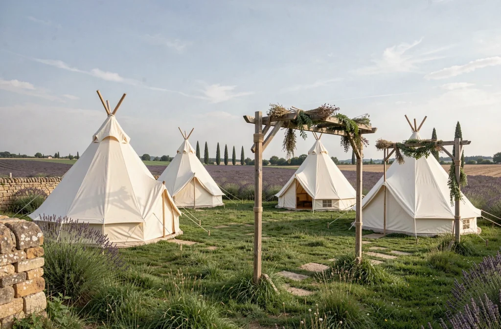Les Toiles du Berger en Provence, tentes canvas glamping en cercle dans une prairie avec des rangées de lavande en arrière-plan