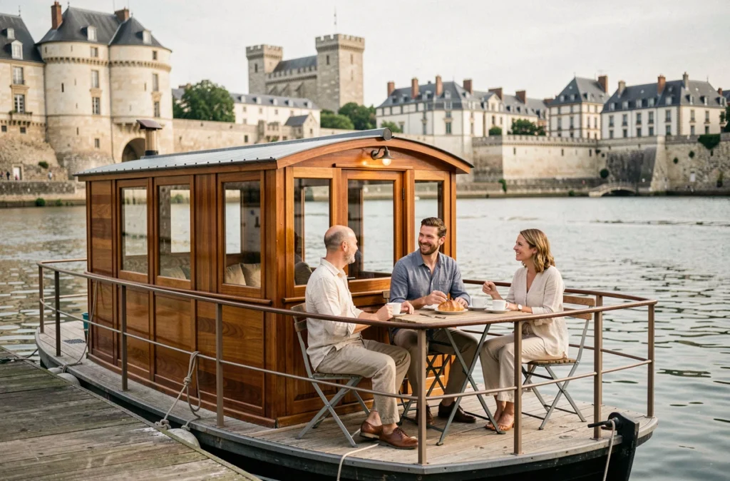 Toue Charme amarrée sur la Loire à Angers avec couple prenant le petit-déjeuner sur le pont