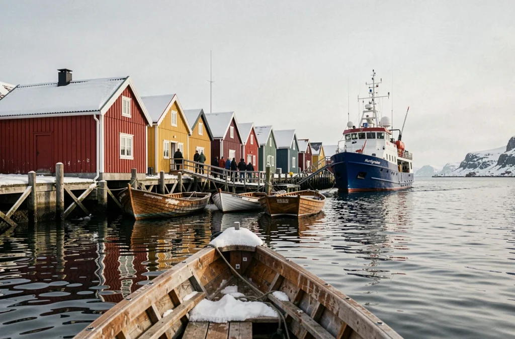 Village de pêcheurs norvégien avec le navire Hurtigruten amarré au quai et des passagers débarquant
