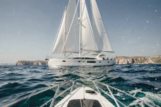 Voilier de luxe Le Ponant naviguant sur la Méditerranée avec ses grandes voiles blanches déployées