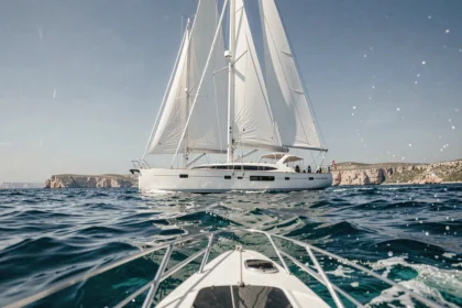 Voilier de luxe Le Ponant naviguant sur la Méditerranée avec ses grandes voiles blanches déployées