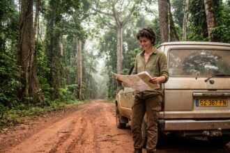Femme consultant une carte routière à côté d'un 4x4 sur une piste en latérite rouge en forêt amazonienne de Guyane