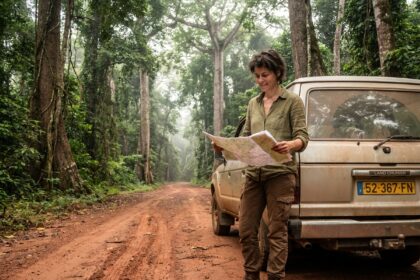 Femme consultant une carte routière à côté d'un 4x4 sur une piste en latérite rouge en forêt amazonienne de Guyane
