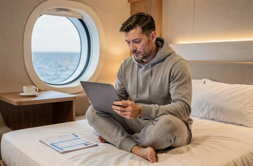 Voyageur solo préparant son itinéraire de croisière sur un ordinateur portable dans sa cabine de paquebot
