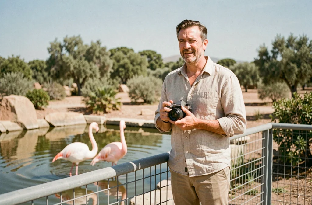 Visiteur adulte observant des flamants roses dans le zoo du parc Oasys Mini Hollywood en Espagne