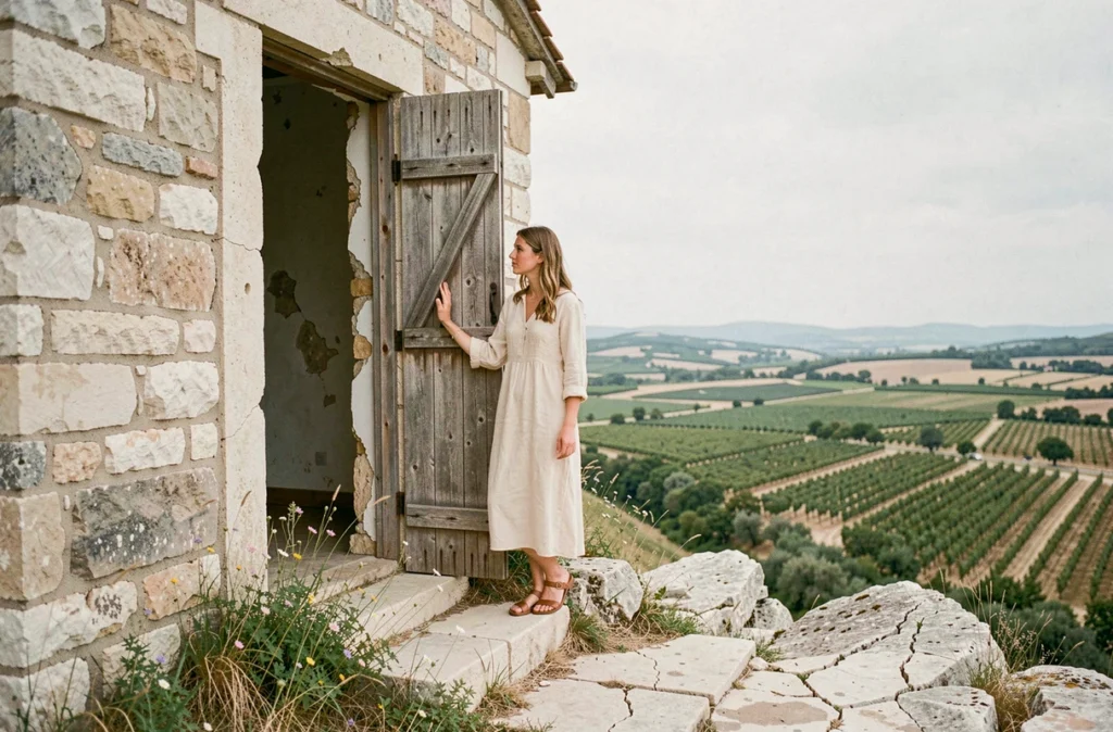 Chapelle en pierre abandonnée sur un promontoire calcaire surplombant des vignes dans un village isolé du sud de la France