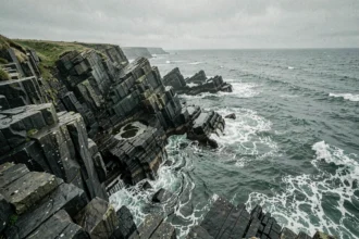 Côte rocheuse sauvage avec falaises de basalte noir et mer agitée au bout du monde