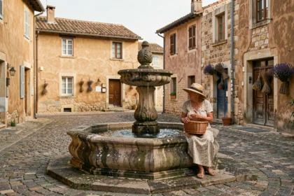 Fontaine en pierre ancienne au cœur d'un village médiéval méconnu du sud de la France avec une habitante locale assise sur le rebord