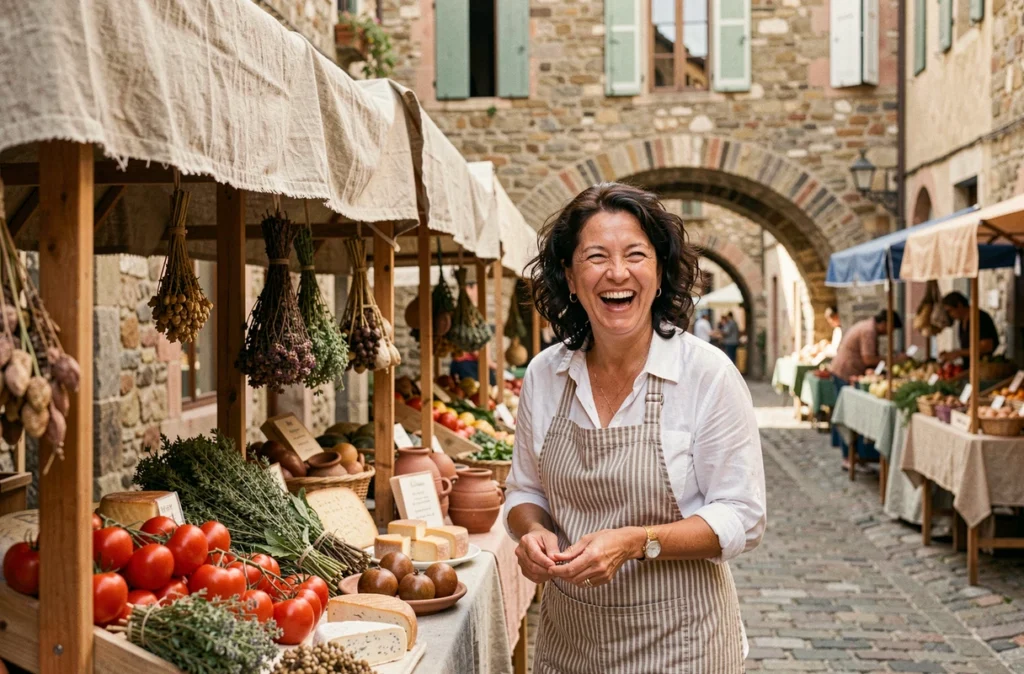 Marché artisanal animé dans une ruelle en pierre d'un village occitan peu connu du sud de la France