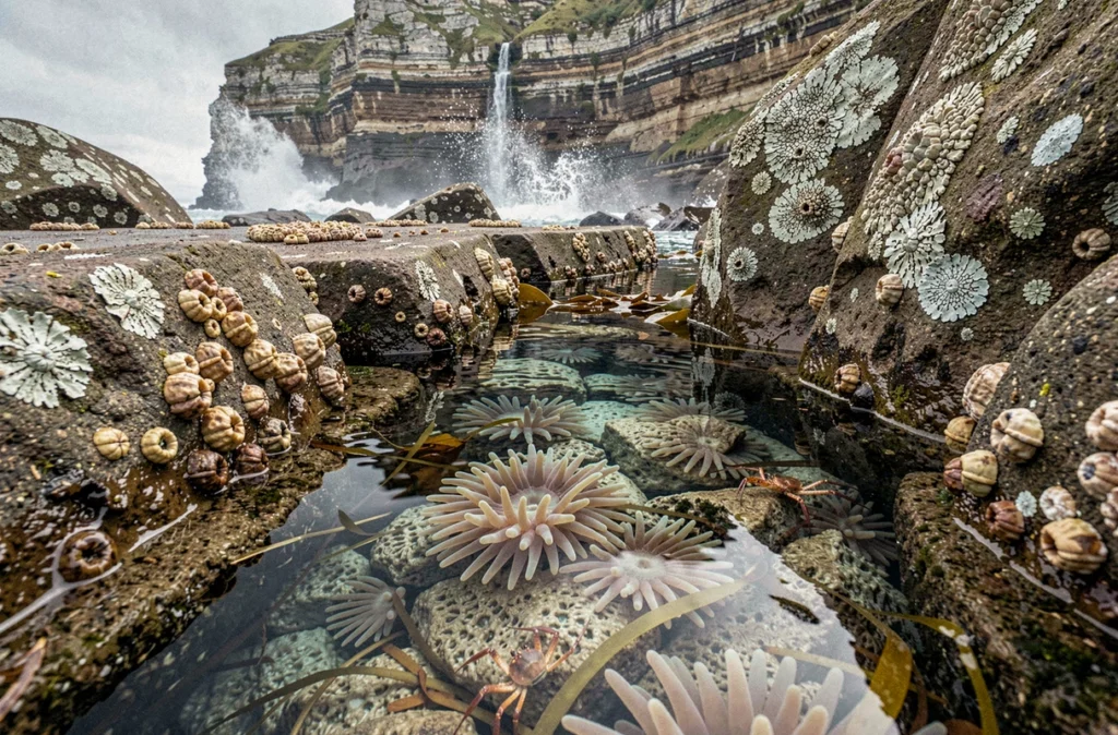 Piscine naturelle entre les rochers couverts de barnacles sur une côte sauvage et isolée