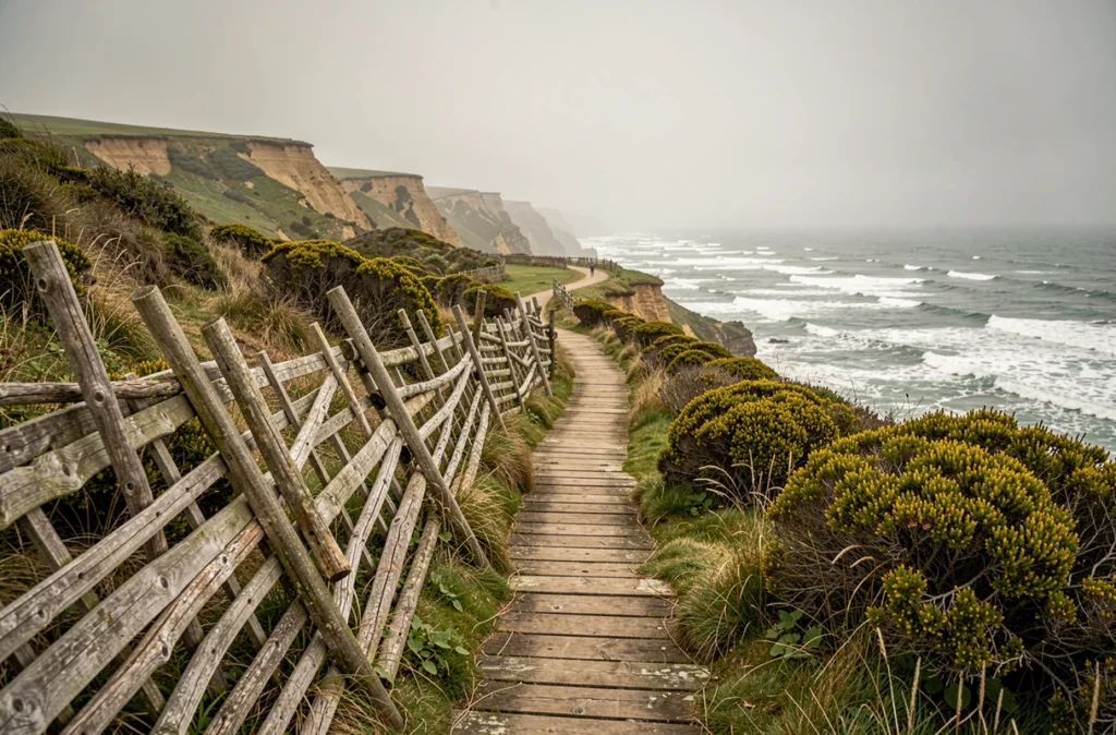 Sentier côtier en bois longeant des falaises érodées au-dessus d'un littoral atlantique sauvage