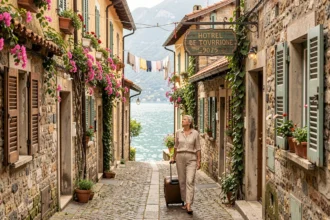 Voyageuse dans une ruelle pittoresque d'un village authentique au bord du lac de Côme, loin des zones touristiques surpeuplées